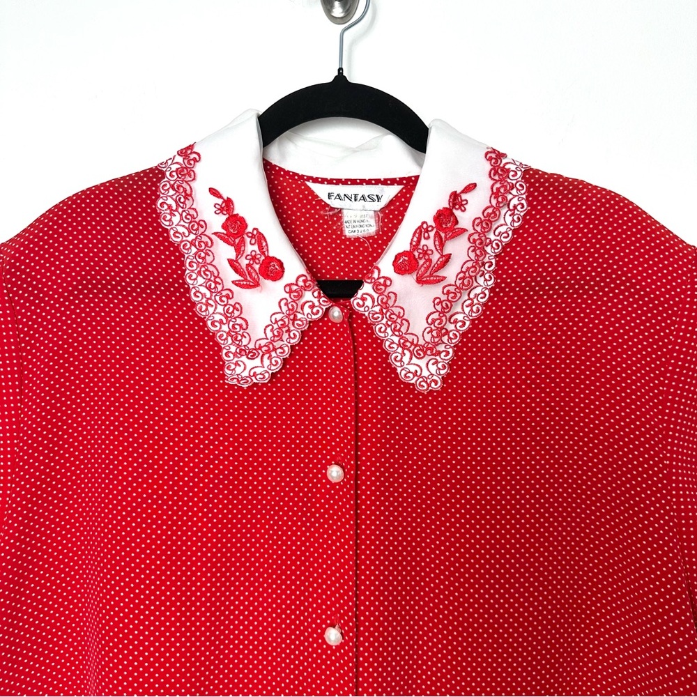 Vintage Retro Lolita Polka Dot Blouse Feminine Coquette Girl Embroidered Collar - Picture 2 of 11